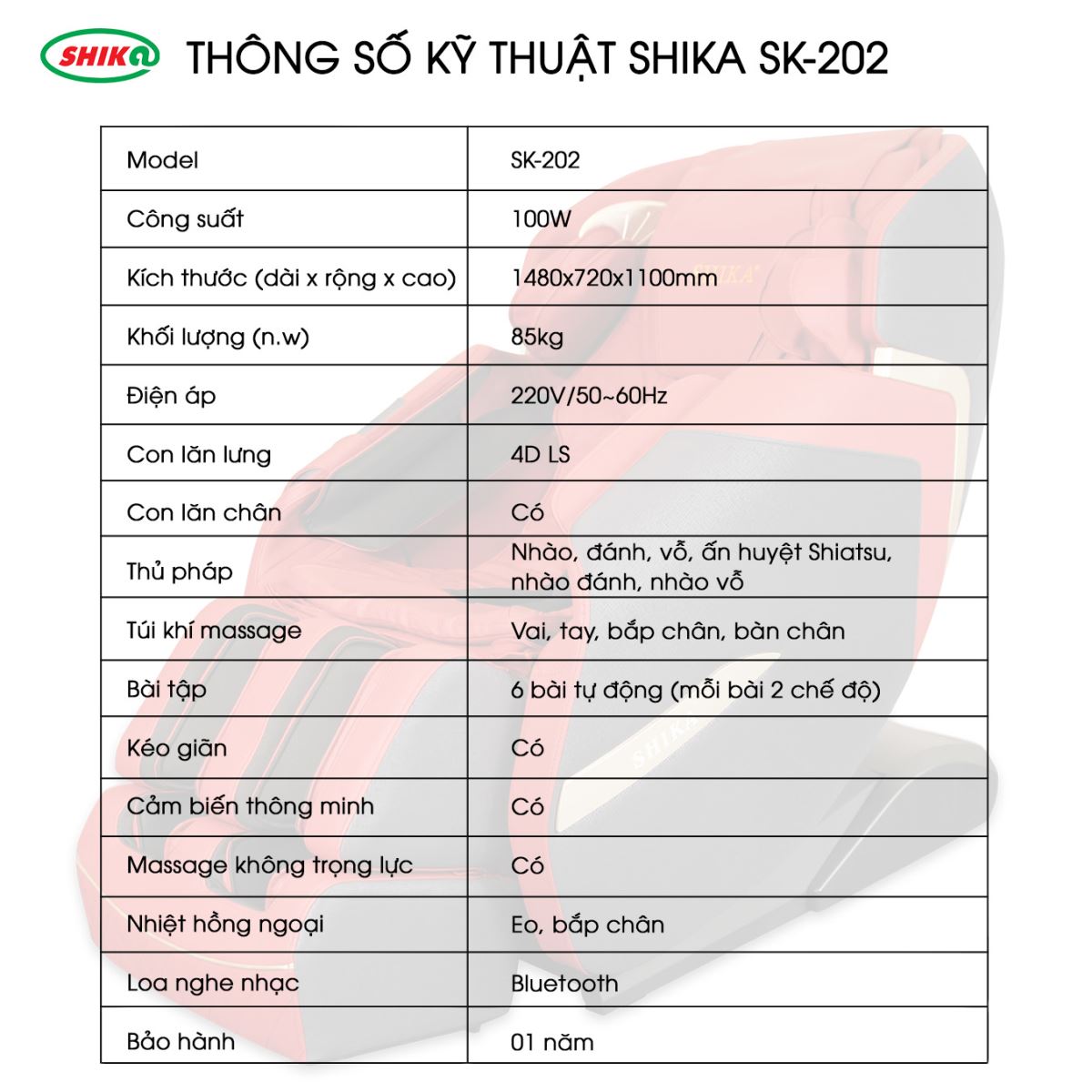 Ghế massage toàn thân Shika SK-202 4D cao cấp